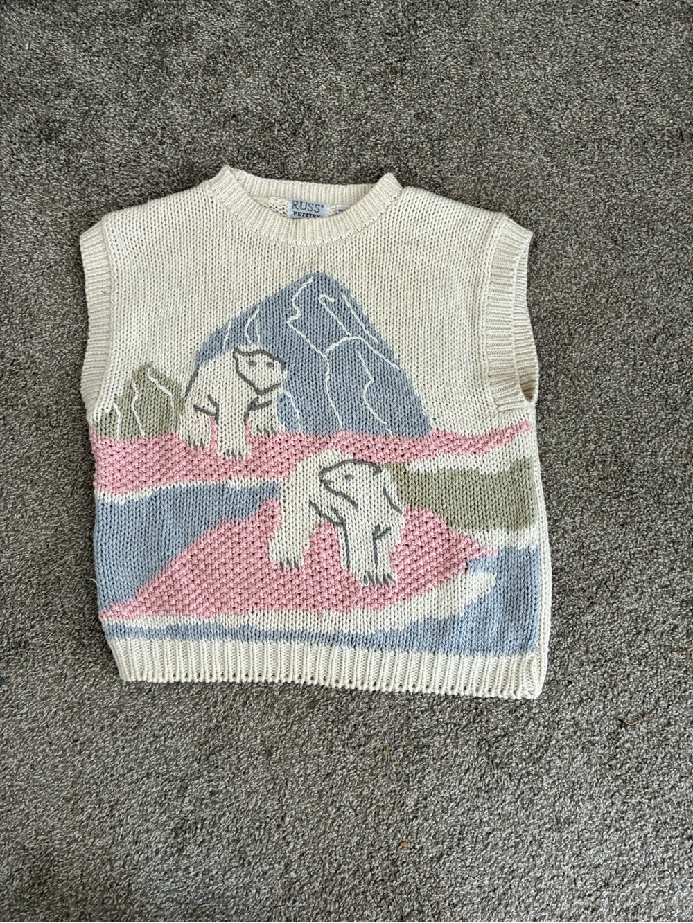 Russ Knit Sweater Vest with Polar Bear Motif in Cream, Pink & Blue
